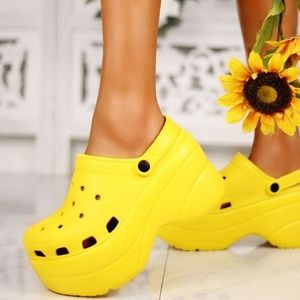 yellow wedge crocs